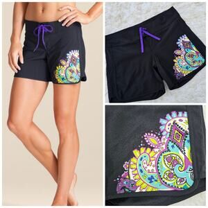 Black Board Shorts Athleta Zanzibar Size 4 Purple Paisley Graphic Print Stretch